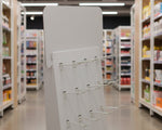 Load image into Gallery viewer, A white retail display stand with multiple metal hook hooks, photographed in an indoor setting.