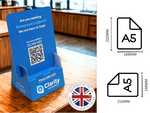 Load image into Gallery viewer, Printed Blue sleaflet holder with QR code on a wooden surface, Clarity Homecare branding, and A5 size dimensions.