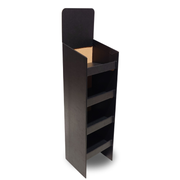 Black display stand with a cardboard insert on a white background
