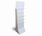 Load image into Gallery viewer, A white cardboard display stand with multiple clear plastic hooks arranged in rows on the front panel, shown on a plain white background.