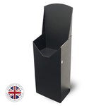 Load image into Gallery viewer, Black vertical display stand with a British flag logo at the bottom left corner on a white background