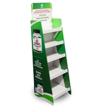 Load image into Gallery viewer, Green and white product display stand with supplement packaging on a white background