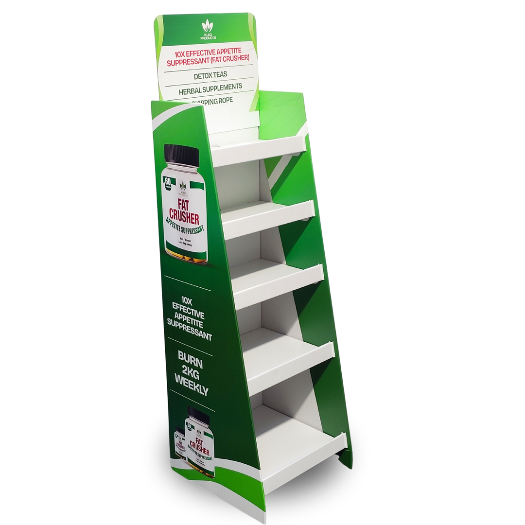 Green and white product display stand with supplement packaging on a white background