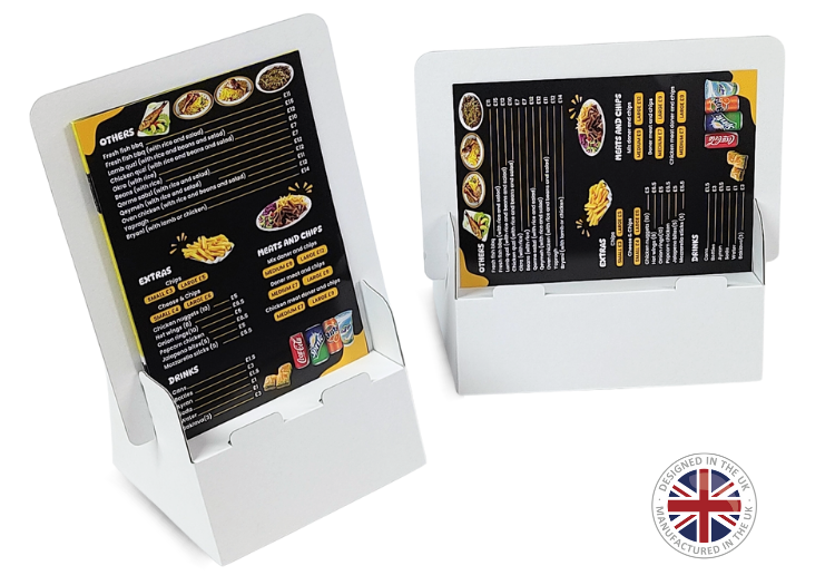 Two tablet stands with menu displays on a white background, featuring a British flag logo.