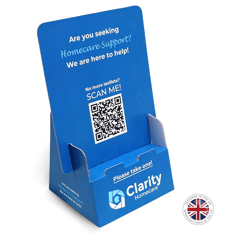 Blue stand with QR code and Clarity Homecare branding on a white background