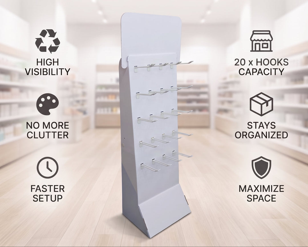 A white retail display stand with multiple small hooks