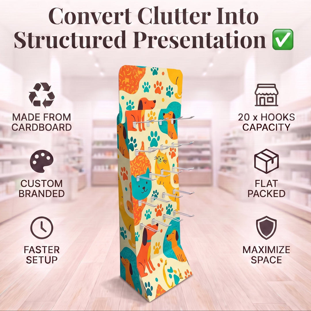A freestanding cardboard euro hook retail display stand with a colorful cat-themed print, shown in a blurred store interior. Large text at the top reads 'Convert Clutter Into Structured Presentation,' and callout icons around the stand mention cardboard construction, custom branding, 20 hook capacity, flat packing, faster setup, and space maximization.