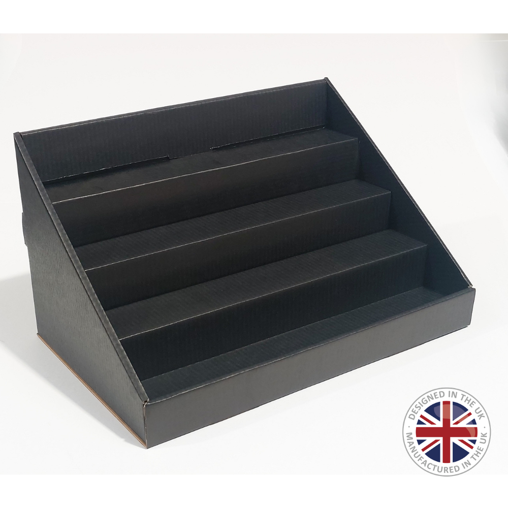 Black display stand with a Union Jack badge indicating British manufacture on a white background