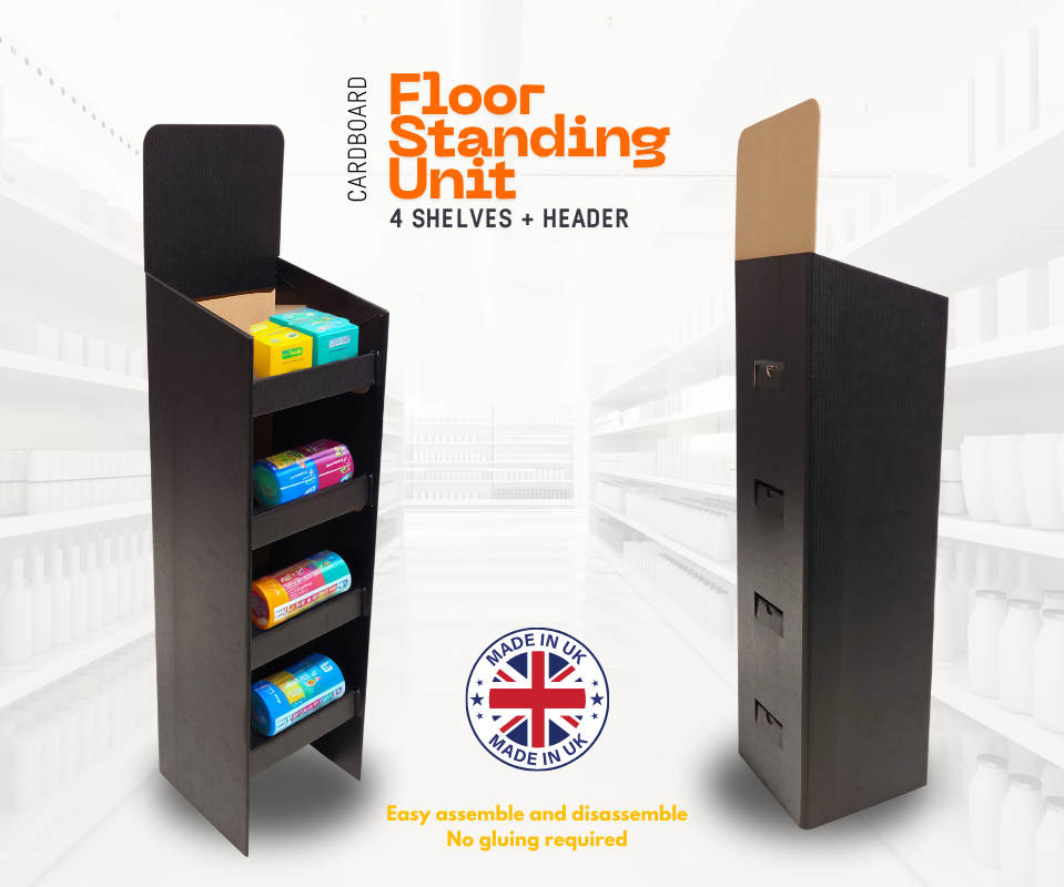 Cardboard floor standing unit with 4 shelves and a header, made in the UK.