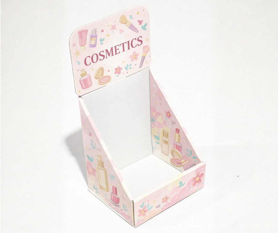Cosmetic display stand with 'Cosmetics' text and product illustrations on a white background