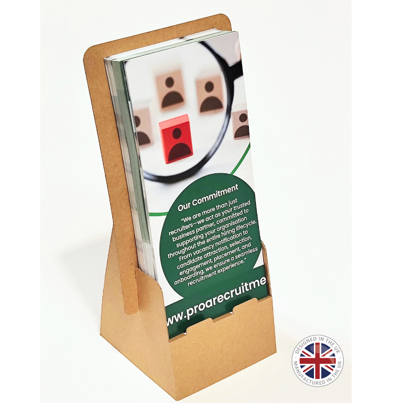 Promotional leaflet holder with a leaflet on a white background