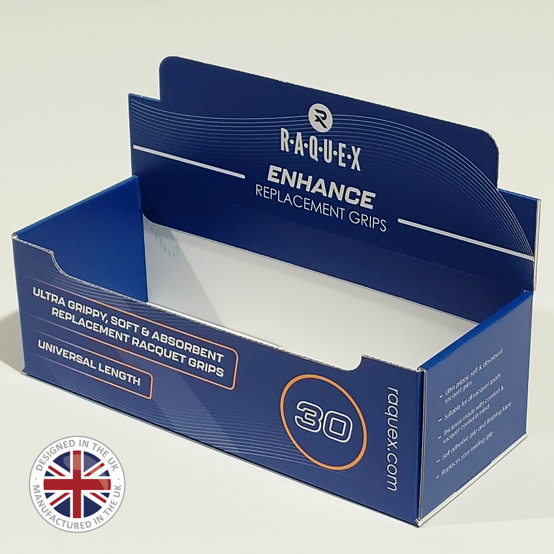 Printed display box of RA-QUE-X Enhance replacement grips on a light gray background