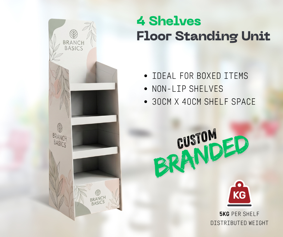 Custom Brand Printed Cardboard 4 Shelves Floor Stand Display Unit