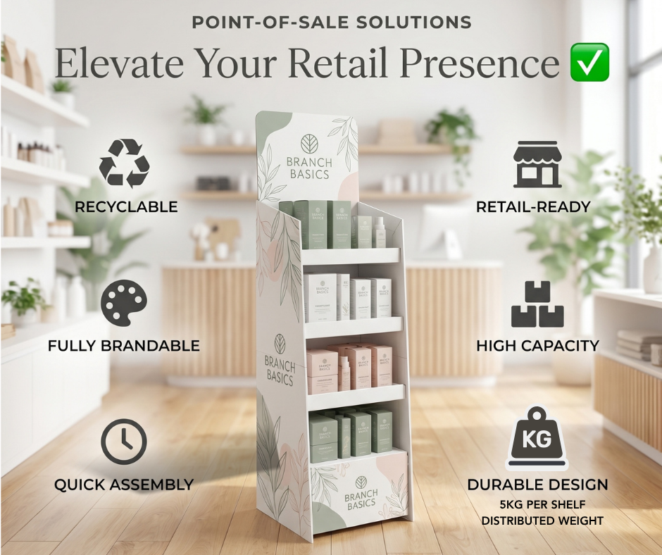 Custom Brand Printed Cardboard 4 Shelves Floor Stand Display Unit