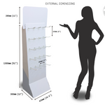 Load image into Gallery viewer, External dimensions diagram of a white retail display stand with multiple clear plastic hooks, shown alongside a black silhouette of a woman for scale, with measurements labeled in millimeters and inches on a white background.