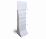 A white cardboard display stand with multiple clear plastic hooks arranged in rows on the front panel, shown on a plain white background.