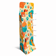 A vertical hook display stand decorated with a colorful dog and cat pattern on a cream background, featuring 20 hooks on the front, shown on a white background.