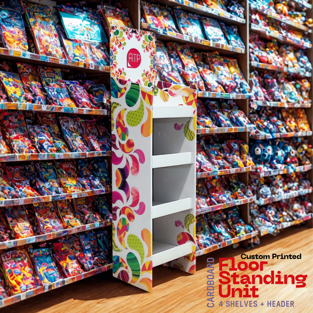 Custom PRINTED Cardboard Shop Floor Stand Display 4 Shelf Unit FSDU