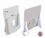 Load image into Gallery viewer, Two white cardboard display stands shown on a light gray background, with dimension labels indicating 300mm height, 215mm width, and 100mm depth. A circular 'Made in the UK' badge appears in the bottom right corner.