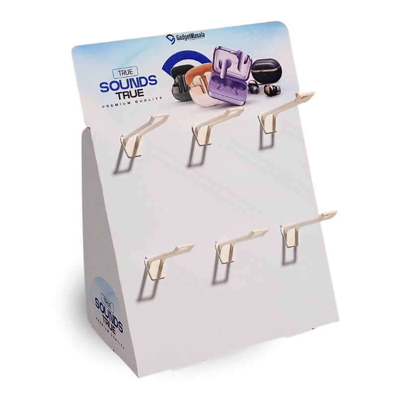 Display stand with earbud holders and 'True Sounds' branding on a white background